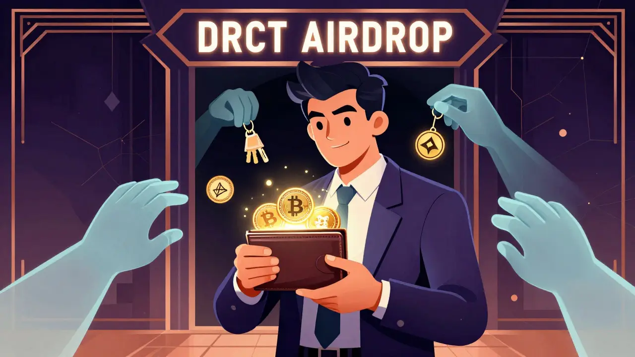 Investor holding real crypto tokens while ghostly hands reach from a DRCT airdrop portal.