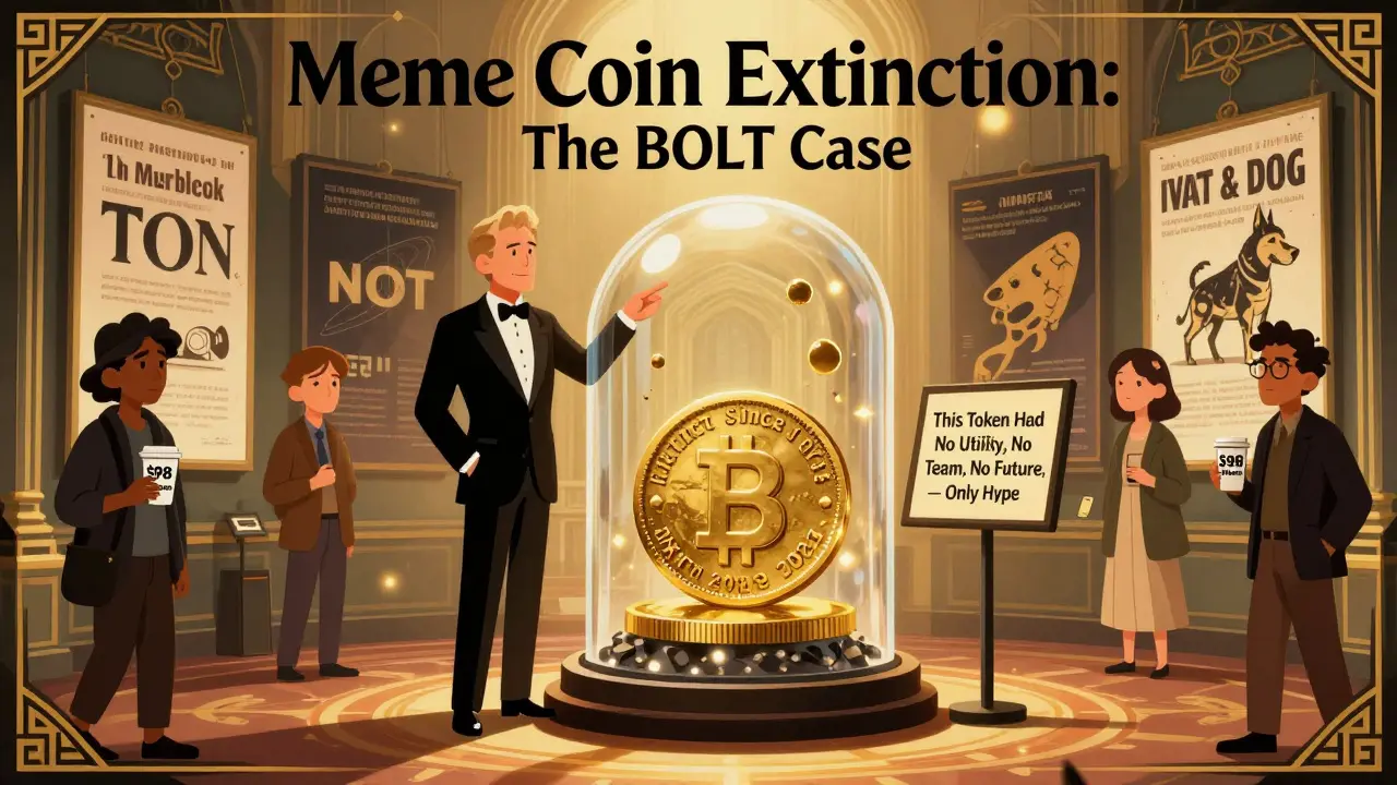 Museum exhibit displaying the extinct BOLT token among thriving TON projects