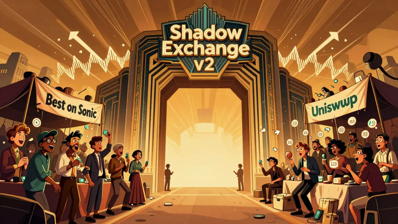 Ornate gateway to Shadow Exchange v2 with happy traders on one side, chaotic Uniswap market on the other.