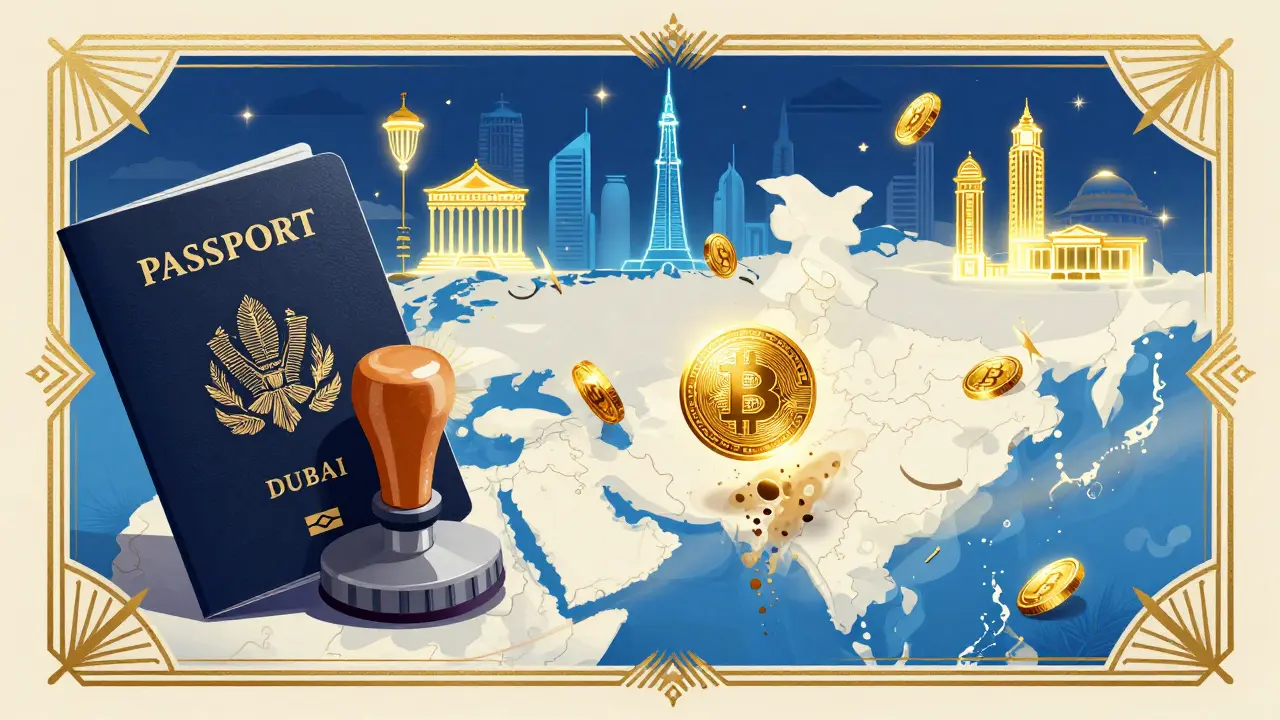 Passport stamped with Dubai emblem as crypto coins flow to a glowing skyline, leaving India behind in dust.