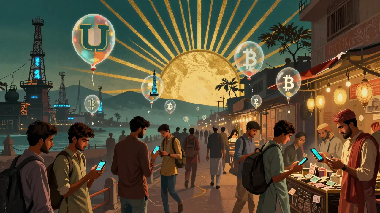 People in a Pakistani city trade crypto via mobile apps as digital assets rise above them, with mining rigs in the distance.