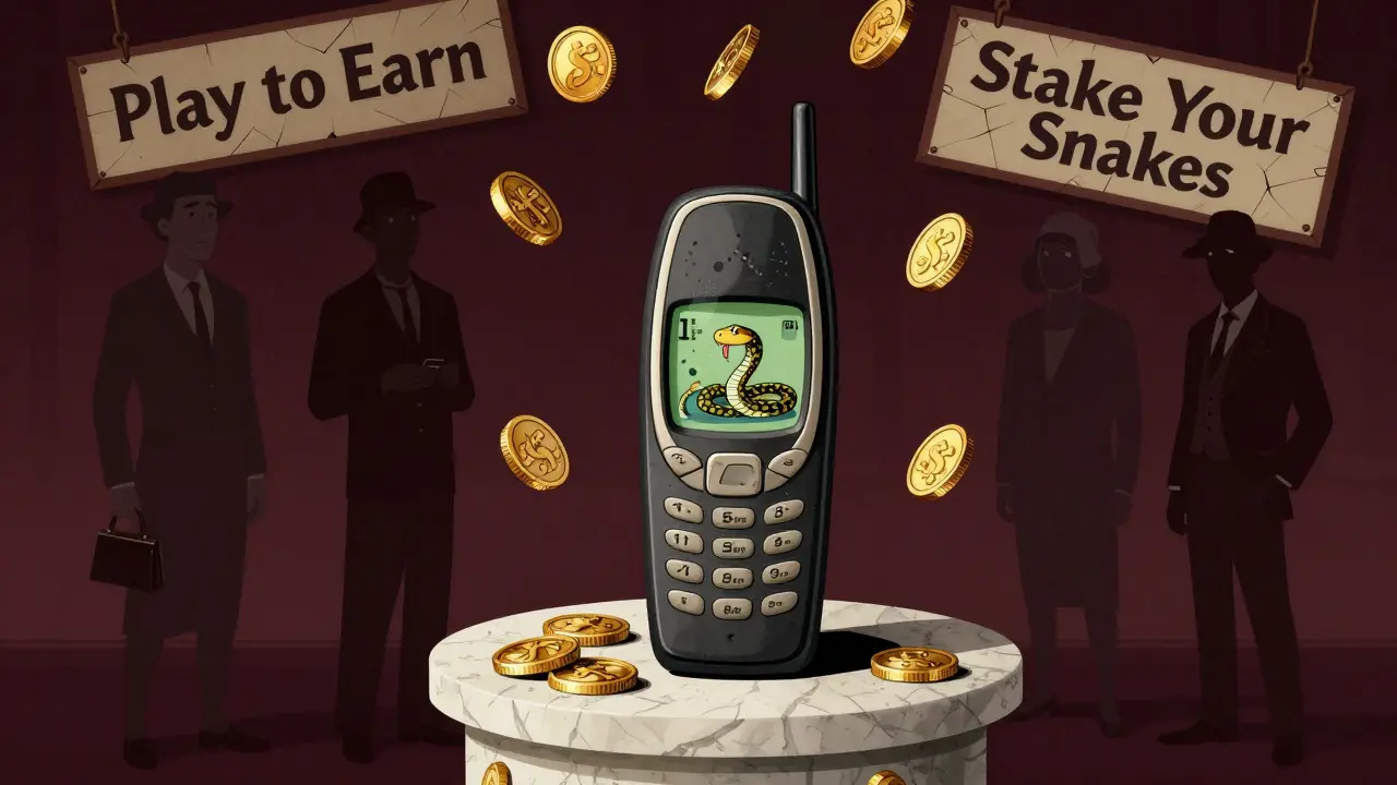 Retro Nokia phone on a pedestal, snake on screen, shadowy figures idle as golden coins fall.