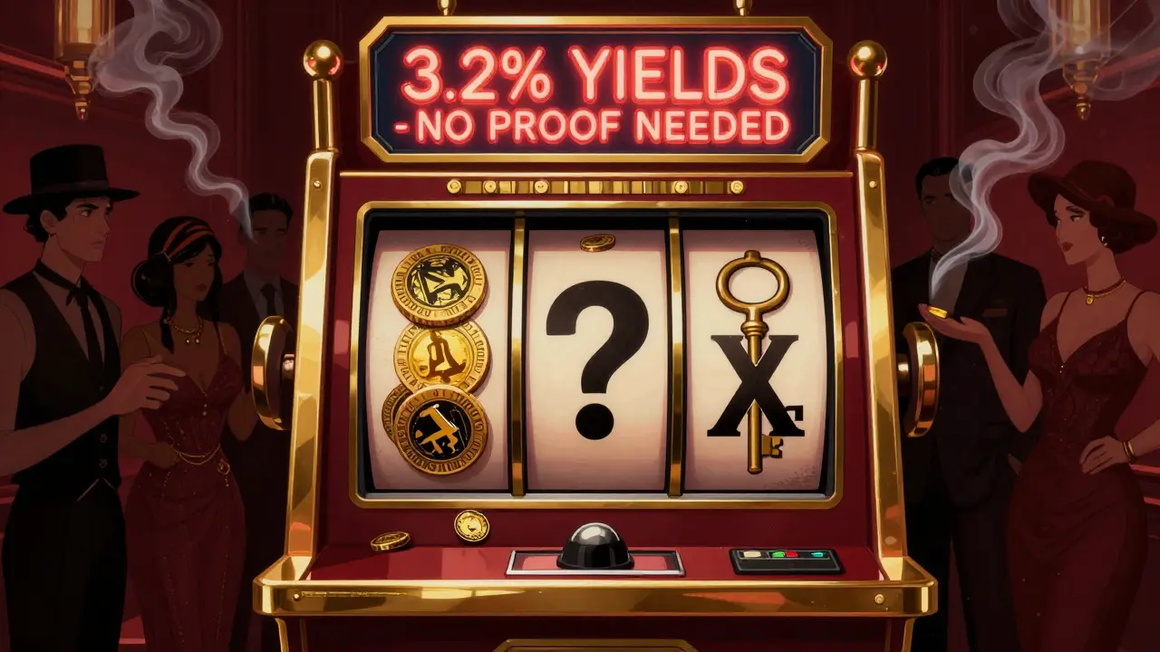 Slot machine with QLINDO tokens and 'QX' question mark, crowd tossing coins, neon sign reading '3.2% YIELDS'