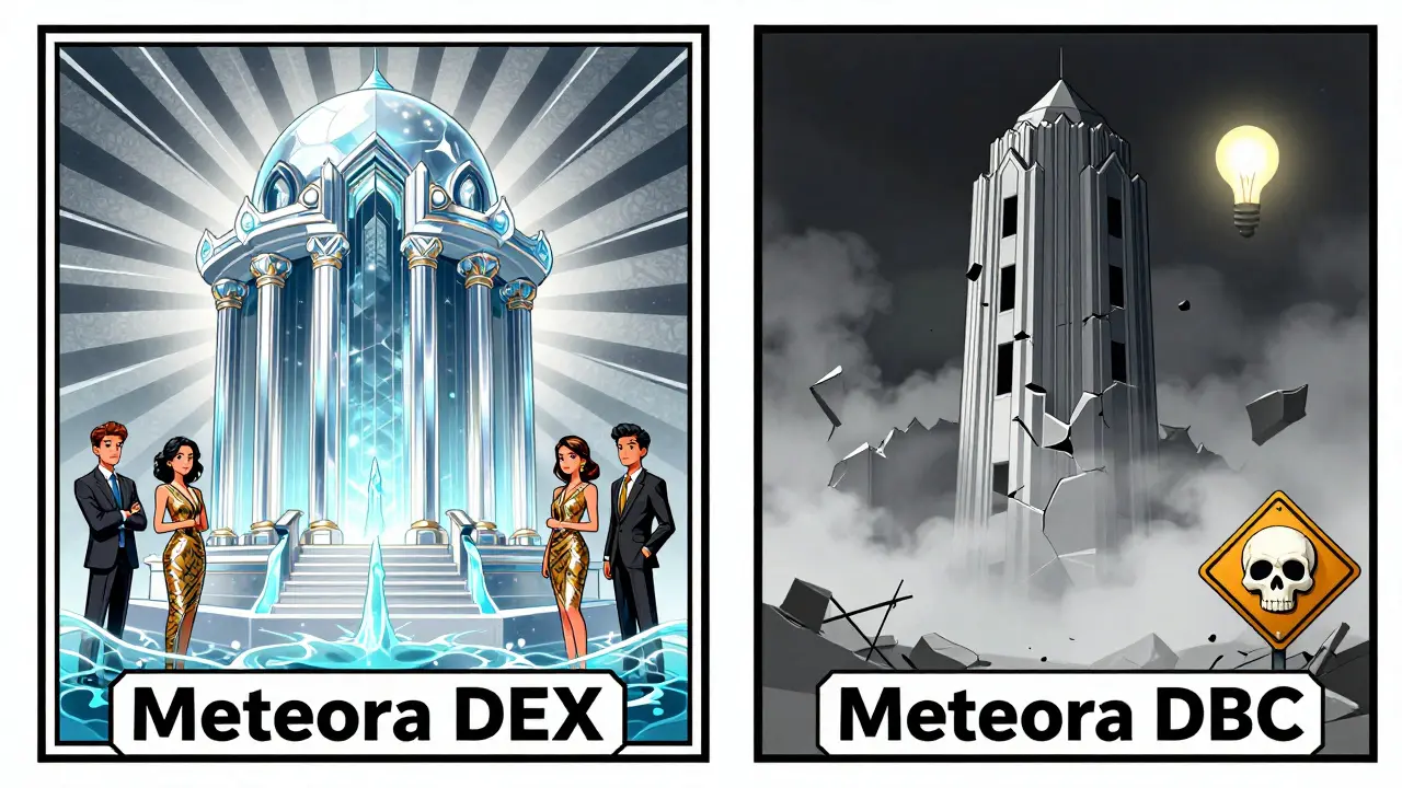 Split Art Deco ad contrasting transparent Meteora DEX temple with crumbling, foggy Meteora DBC tower.