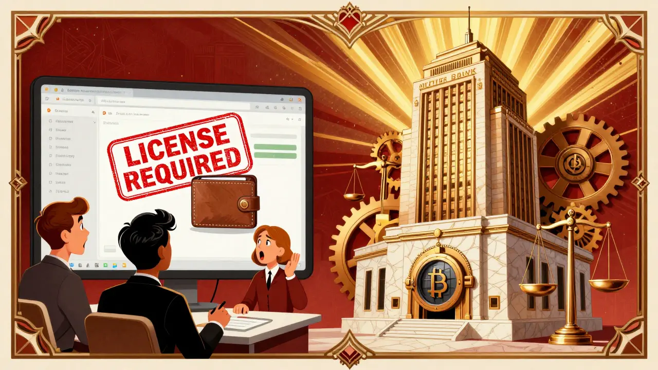 Split image: a startup's wallet app crushed by a license stamp versus a bank integrating crypto securely