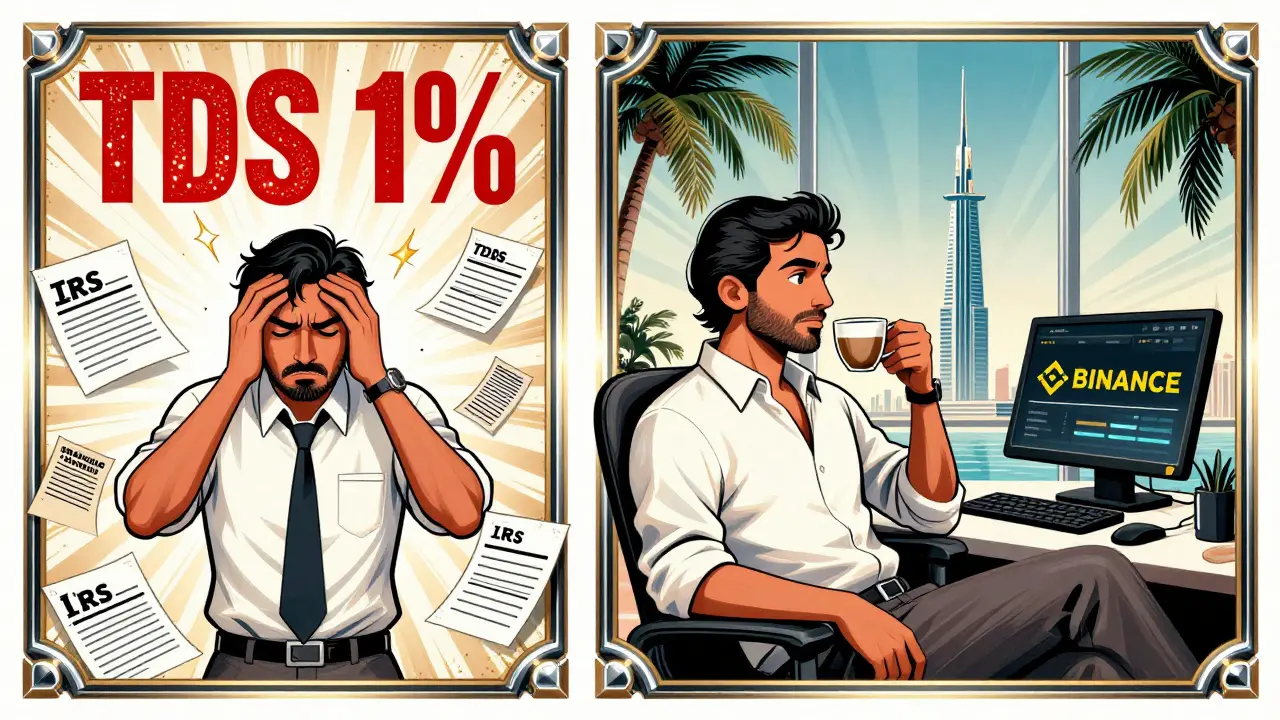 Split-panel Art Deco ad contrasting stressed Indian crypto trader with relaxed Dubai trader under sunburst lighting.