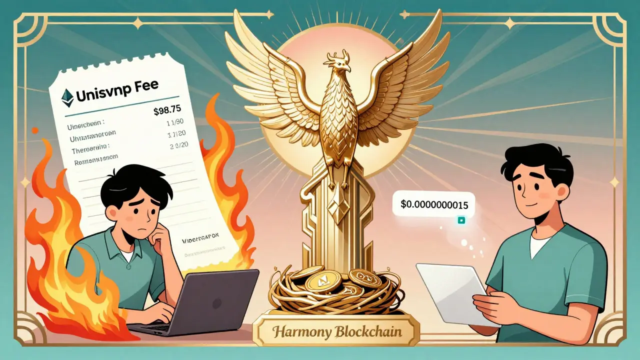 Split scene: frustrated trader with high fees vs calm user with near-zero ViperSwap fee