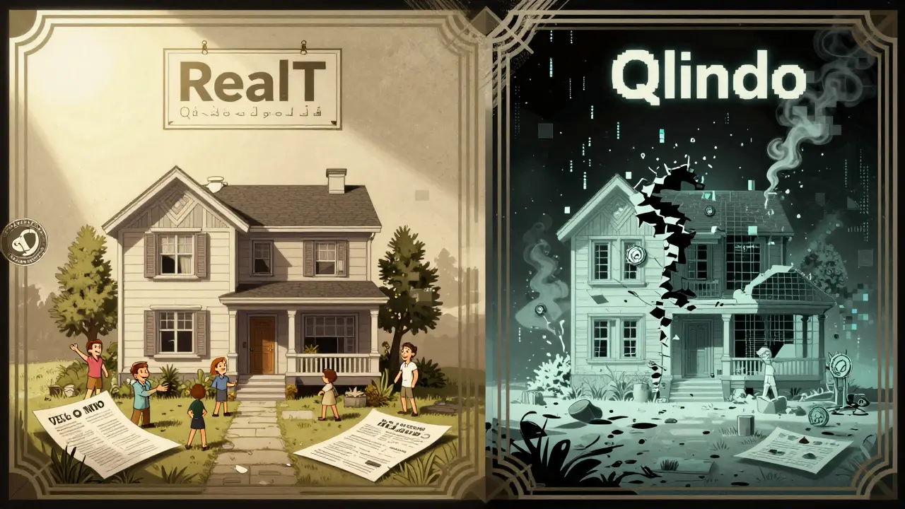 Split scene: verified eco-home on left, pixelated ghost building on right, symbolizing real vs. fake real estate