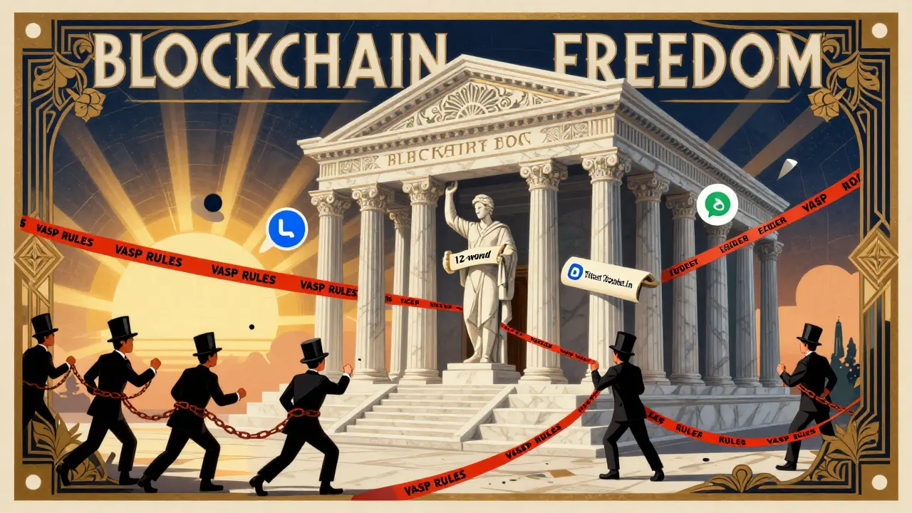 Temple of blockchain freedom with a user holding a seed phrase, breaking free from bureaucratic chains under a golden sunrise.