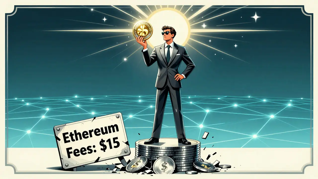 Trader atop LP tokens holding xSHADOW coin, Sonic network glowing behind, shattered 'Ethereum Fees' sign below.