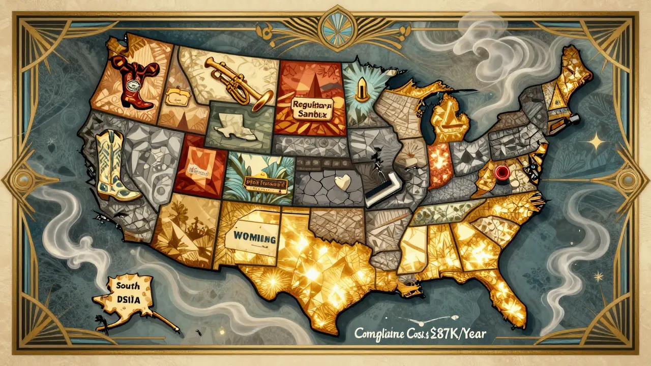 U.S. map as an Art Deco mosaic showing state-by-state crypto regulations, with glowing friendly states and shadowed restrictive ones.