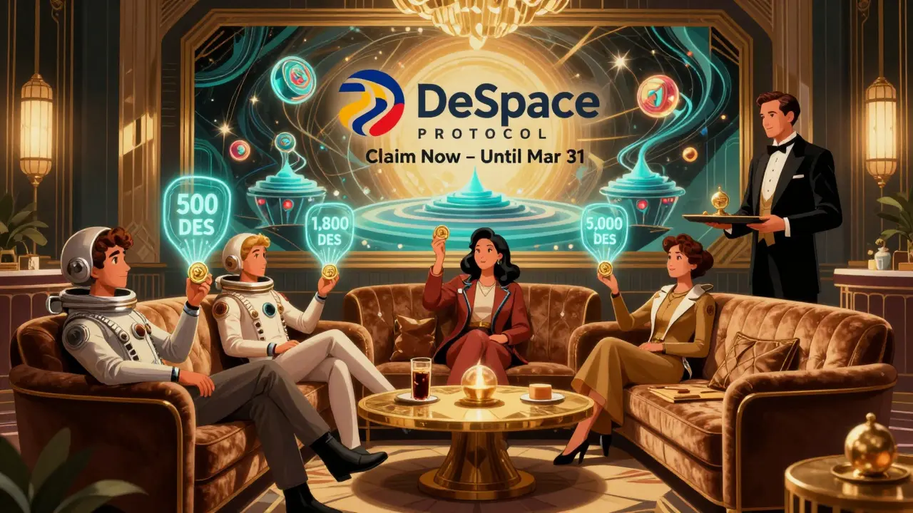Users in vintage space attire relax in a luxury lounge, each holding glowing DES tokens with reward amounts projected above.