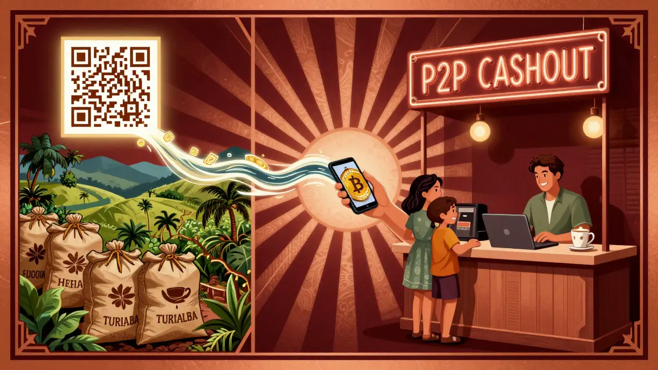 A coffee farm with a QR code and a family receiving crypto payments at a kiosk, shown in Art Deco advertising style.