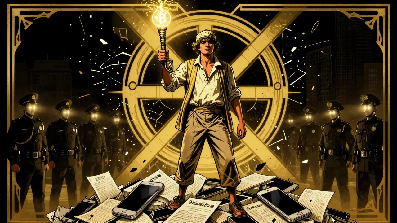 A determined trader holds a Bitcoin wallet like a torch as bans crumble around him in a dramatic Art Deco scene.