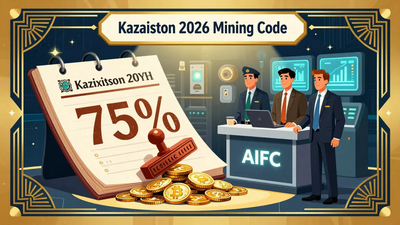 A giant '75%' stamp crushes Bitcoin coins as compliance officers stand beside an AIFC terminal.