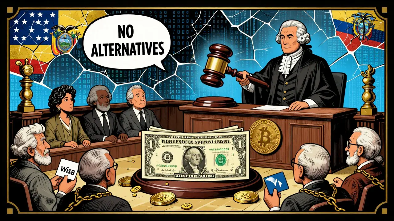 A giant US dollar on trial in an Art Deco courtroom, with chained crypto coins and watching citizens.