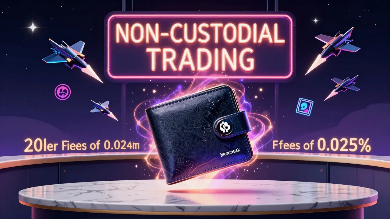 A glowing wallet above a marble desk, with 200+ crypto icons flying like jets under a 'NON-CUSTODIAL TRADING' neon sign.