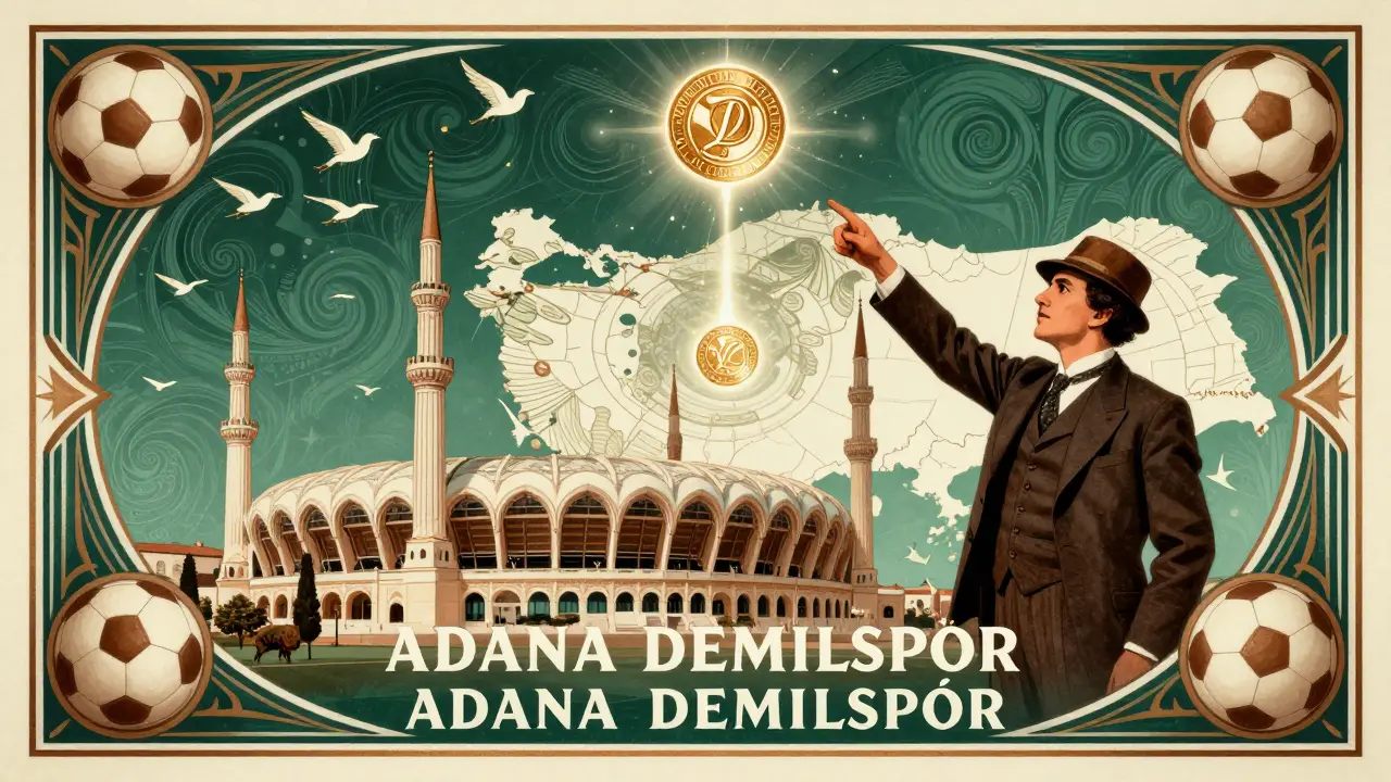 A majestic stadium with DEMIR tokens flying like birds above a stylized map of Turkey.