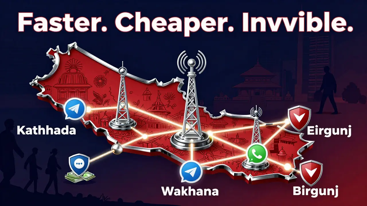 A stylized map of Nepal shows encrypted crypto networks connecting cities with glowing Art Deco icons.