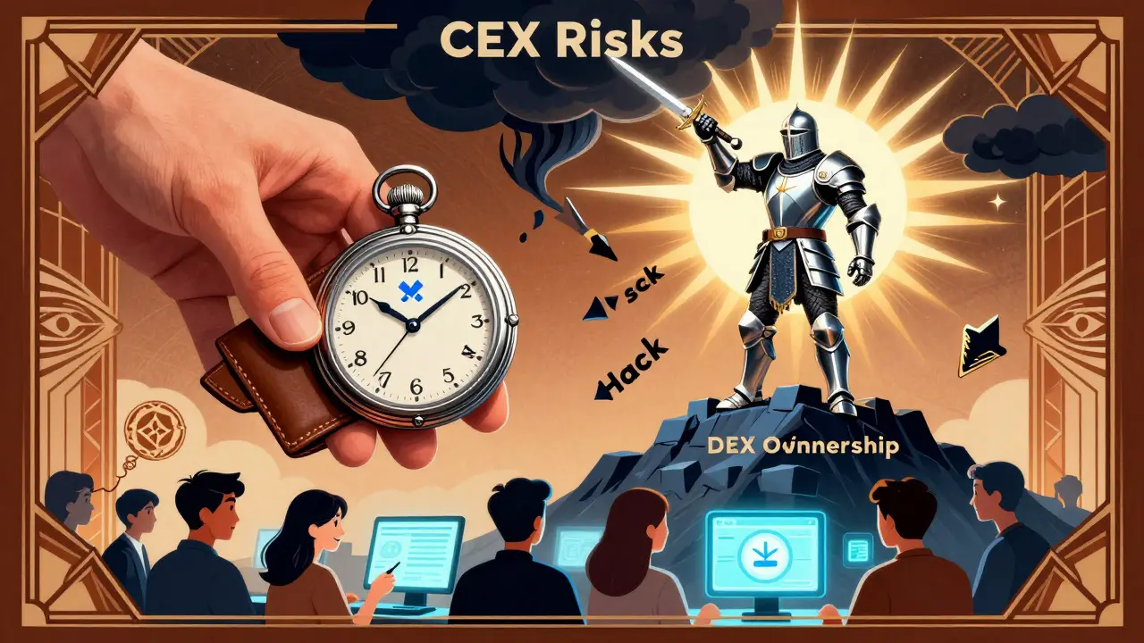 A wallet protected by a knight of DEX ownership against CEX risks, surrounded by diverse users under Art Deco sunrays.