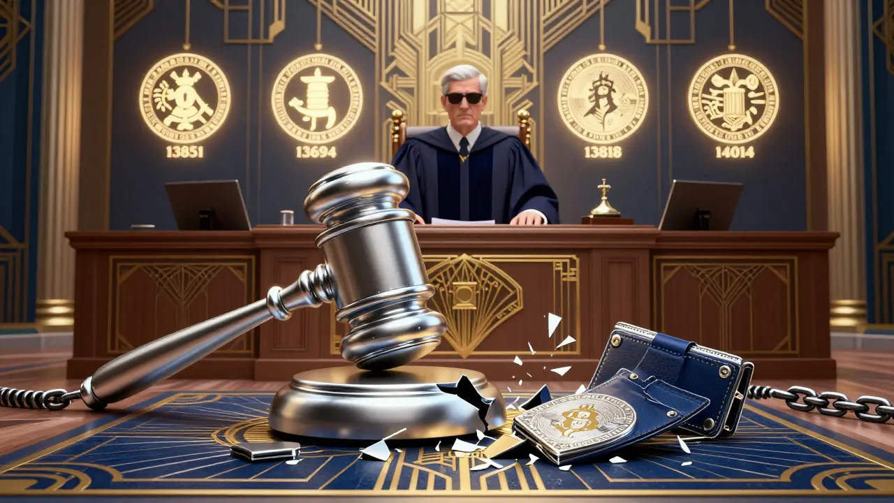 Art Deco courtroom scene with a frozen crypto wallet gavel and glowing U.S. executive orders, symbolizing sanctions against Myanmar scam operators.