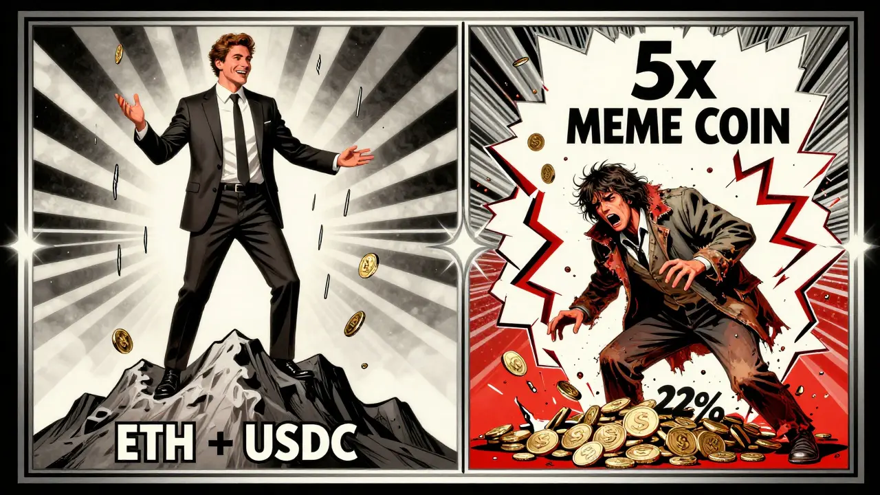 Art Deco diptych: one trader thriving with fee sparks, another crumbling under a collapsing meme coin pool.