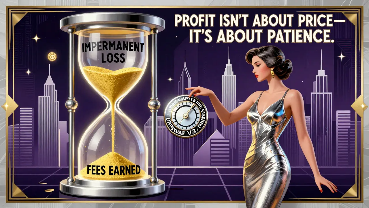 Art Deco hourglass showing impermanent loss turning into fees, with a woman adjusting a Uniswap V3 dial in a geometric cityscape.