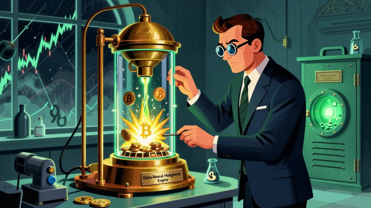 Art Deco laboratory scene with scientist operating a Bitcoin hedging machine as crypto storms rage outside.