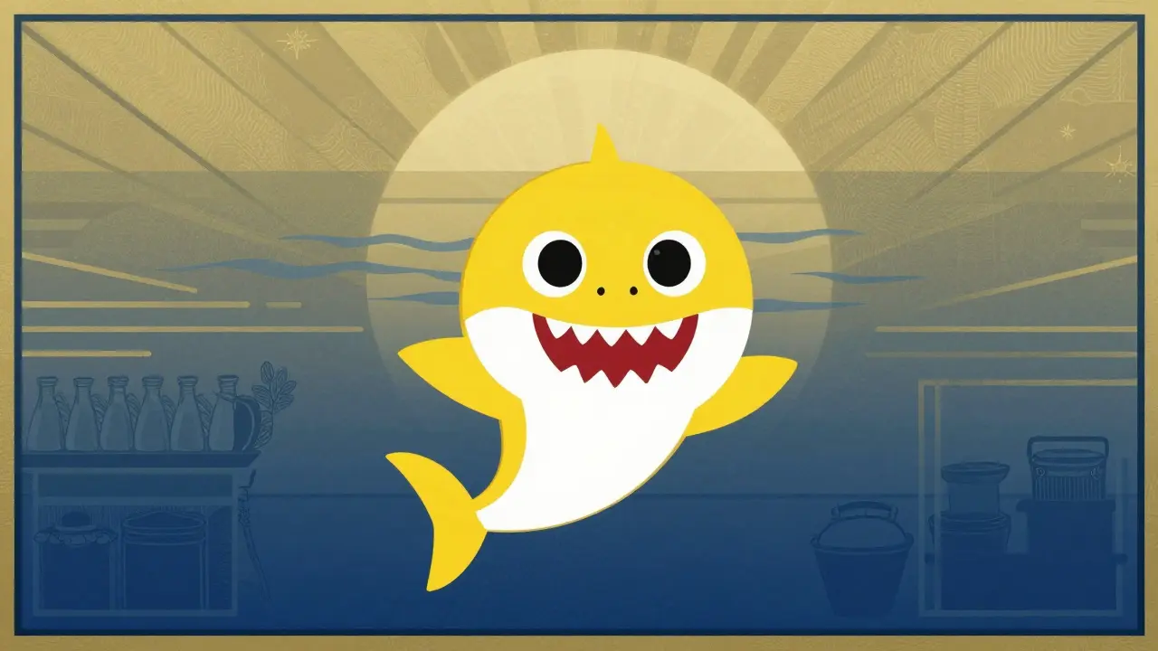 Baby shark in calm market with geometric patterns and muted gold tones