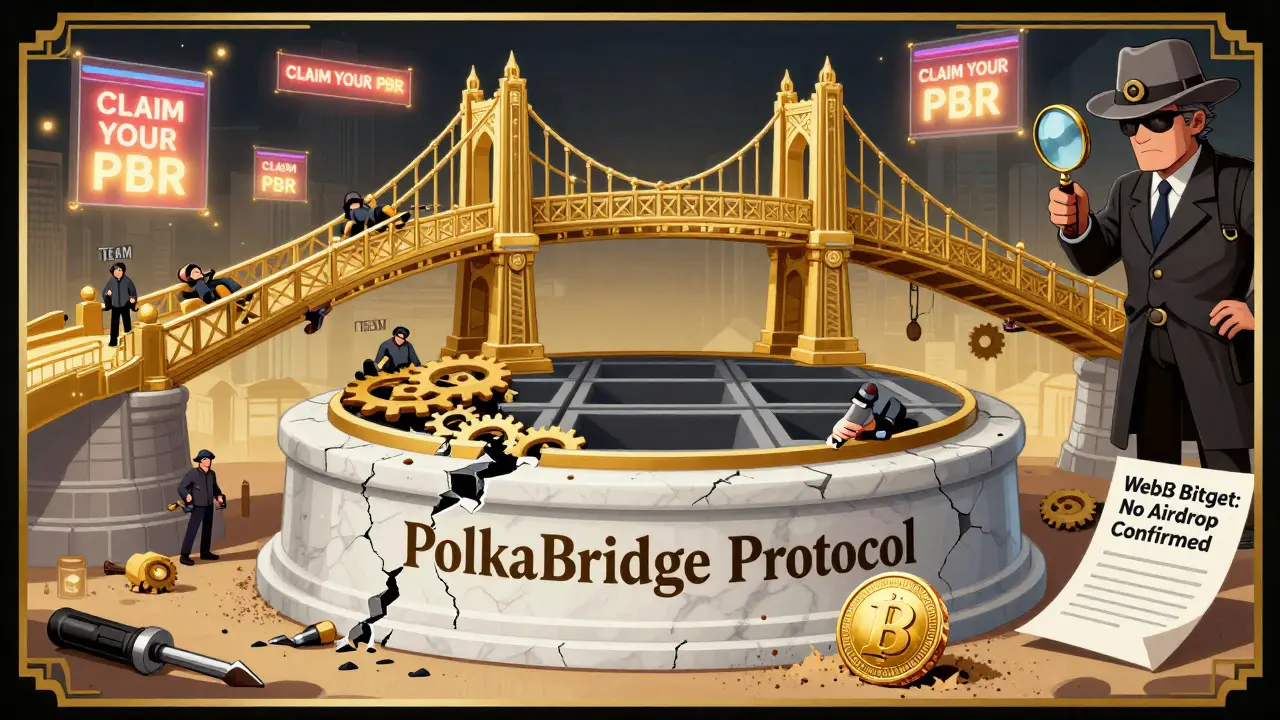 Cracked pedestal labeled PolkaBridge with empty staking pools, a lone token in dust, and glowing fraudulent websites in the background under a half-built bridge.