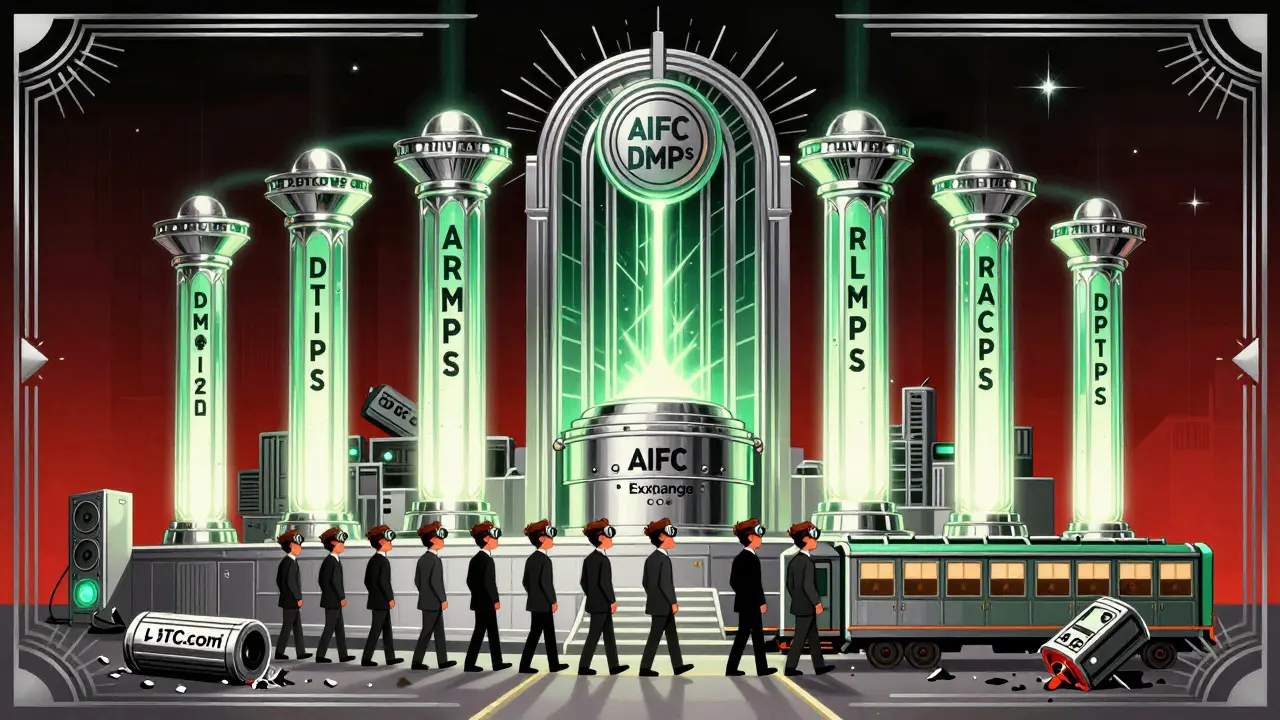 Five approved mining pools feed into an AIFC vault, while rejected global pools lie broken behind them.