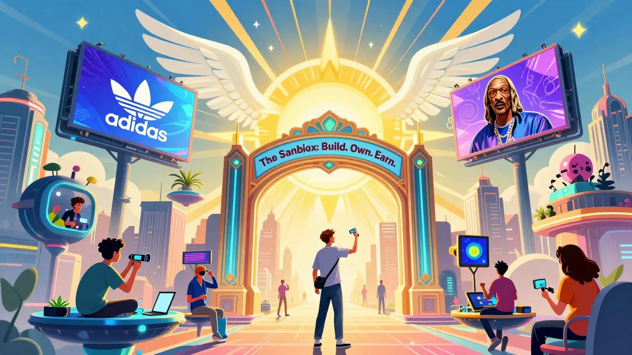 Futuristic city with branded virtual billboards and users building games under a grand Art Deco arch labeled 'Build. Own. Earn.'