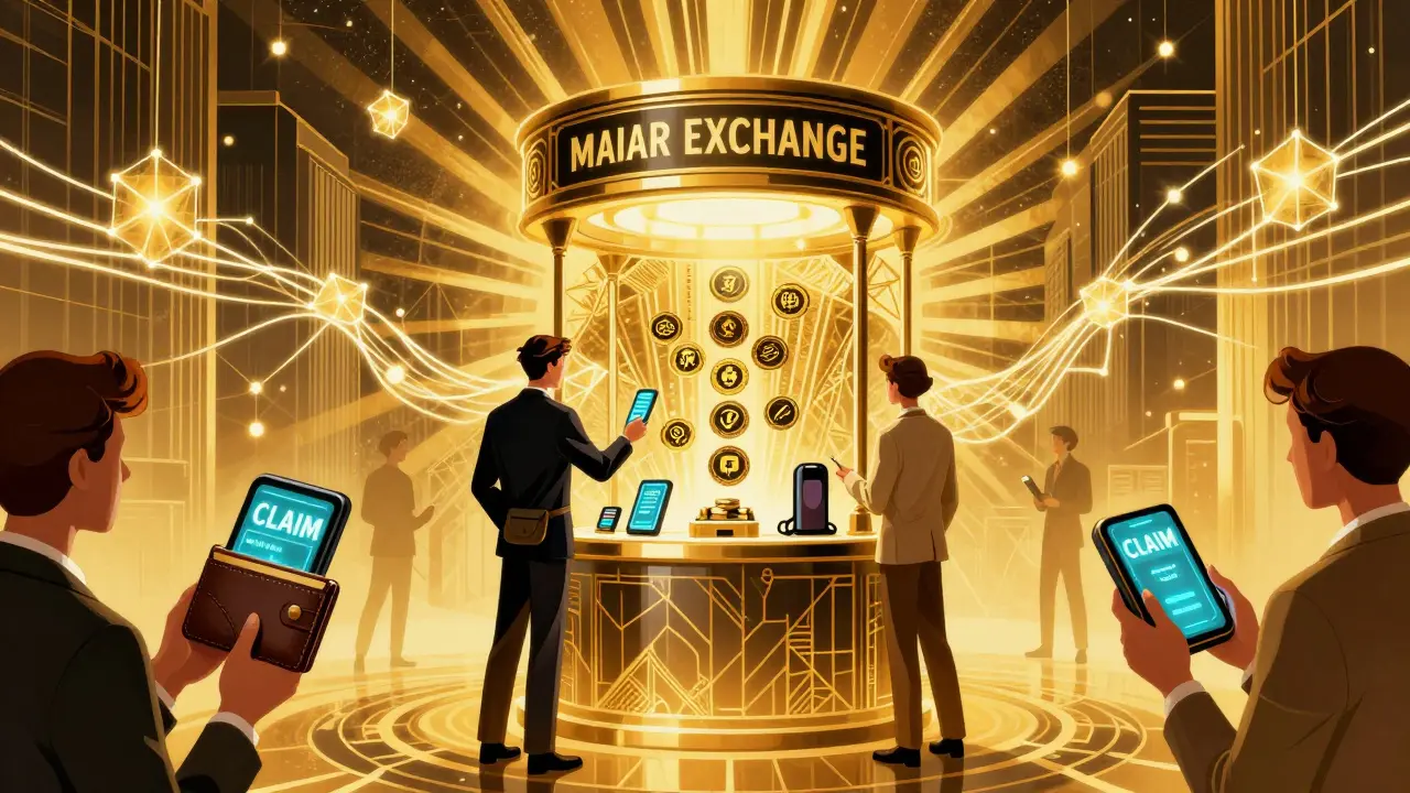 Futuristic Maiar Exchange kiosk with users claiming rewards, others ignoring it in a 1920s financial district.