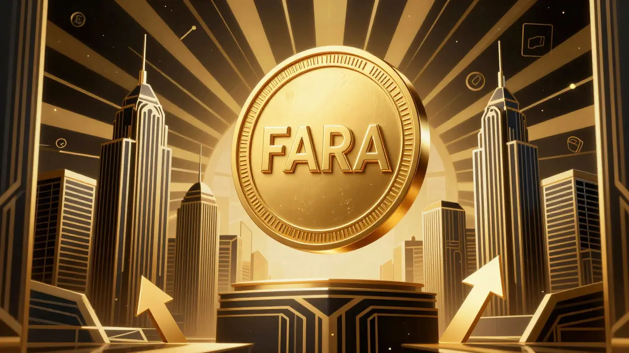 Golden FARA token above futuristic city with upward arrows