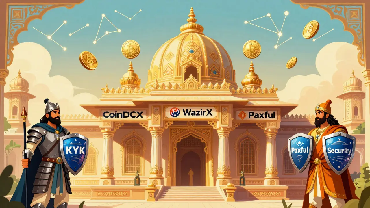 Grand exchange building with crypto coins ascending as sacred relics, guarded by figures holding KYC shields.