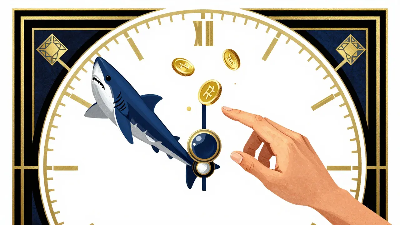 Hand reaching for shark fin button with floating tokens and geometric clock