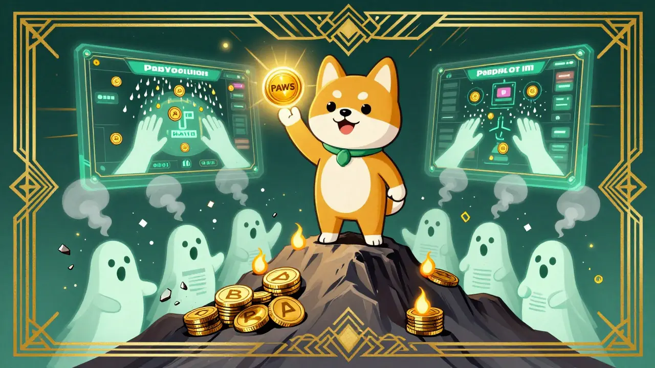 Heroic BabyDoge mascot holding PAWS token as BABYDB ghosts vanish, with tap-to-earn game glowing in background.