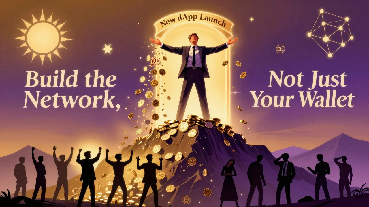 Heroic figure atop EGLD mountain releasing reward tokens, contrasting active and passive crowds.