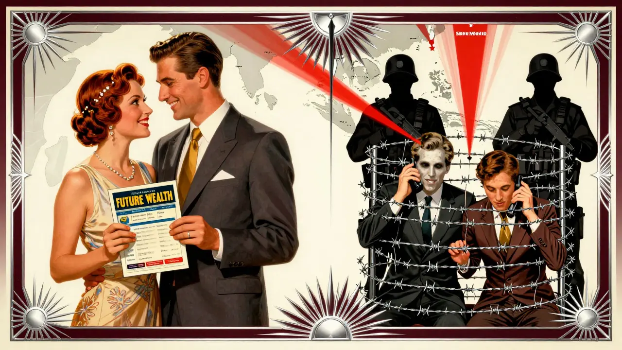 Split-panel Art Deco ad contrasting a smiling American investor with the same person trapped in a labor camp, with warning beams radiating from Myanmar.