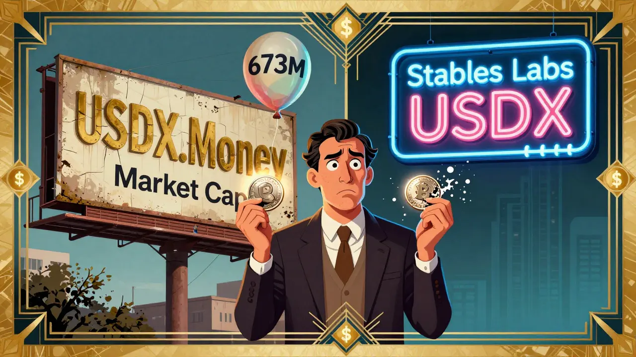 Split-panel Art Deco ad showing faded old USDX.Money billboard versus glowing new Stables Labs USDX sign with confused trader.