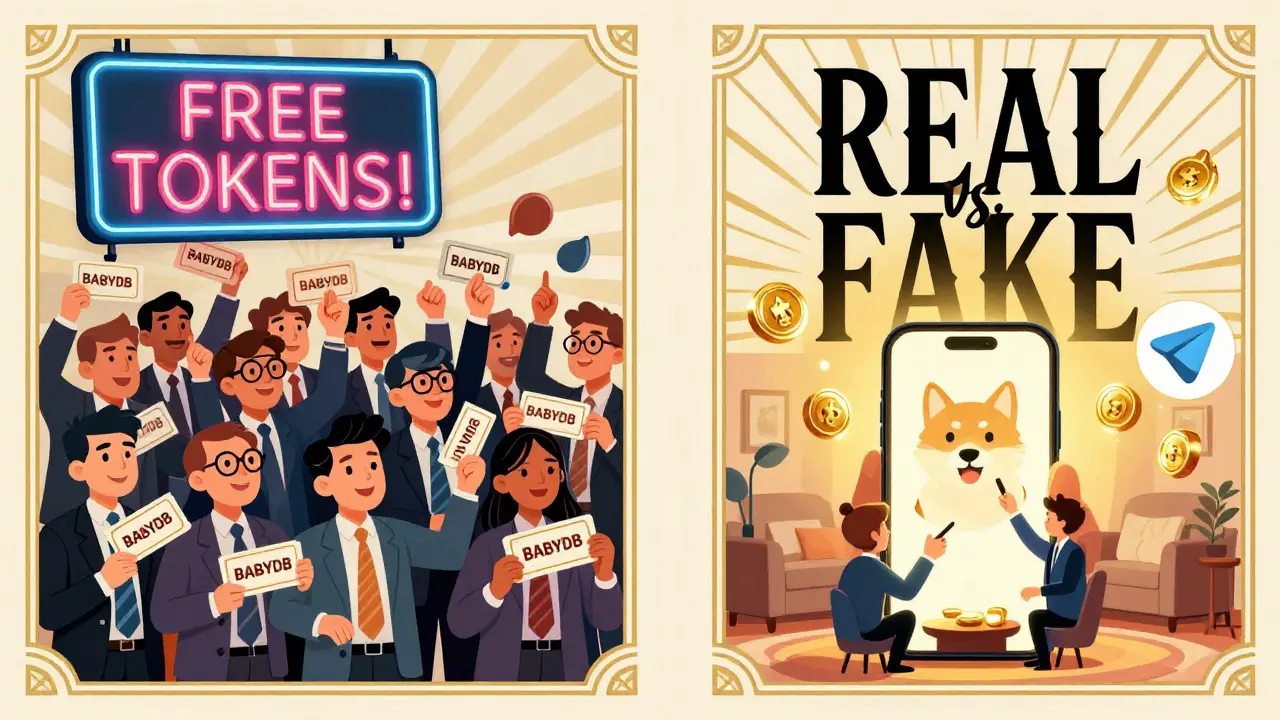 Split scene: chaotic fake BABYDB scam vs. calm PAWS tap-to-earn users, framed in Art Deco style.