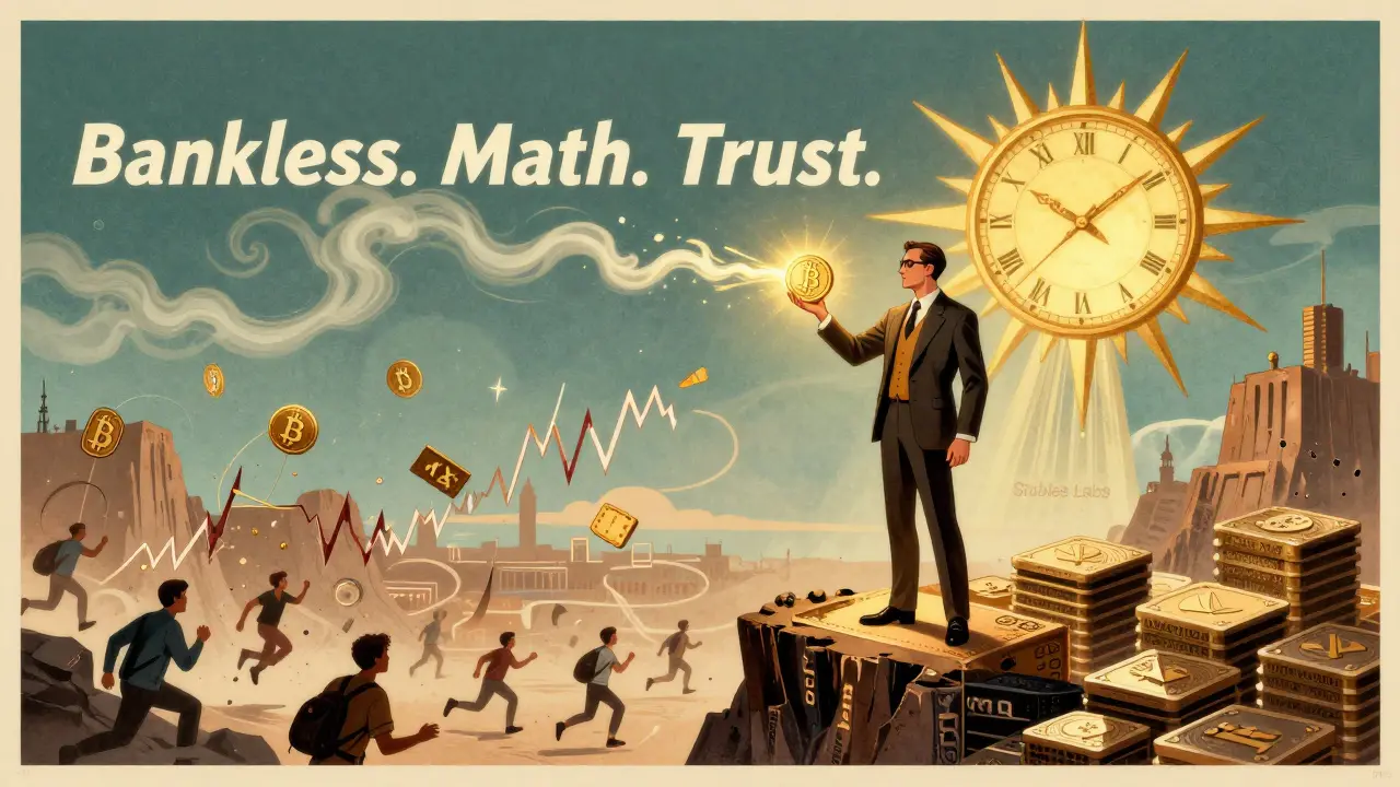 Trader on a cliff of blockchain chains holding sUSDX as golden yield rays shine above chaotic markets.