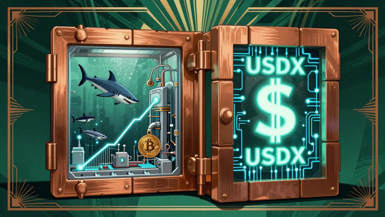 Transparent Bitcoin vault with internal hedging machine keeping USDX stable at , glowing with blue circuits.