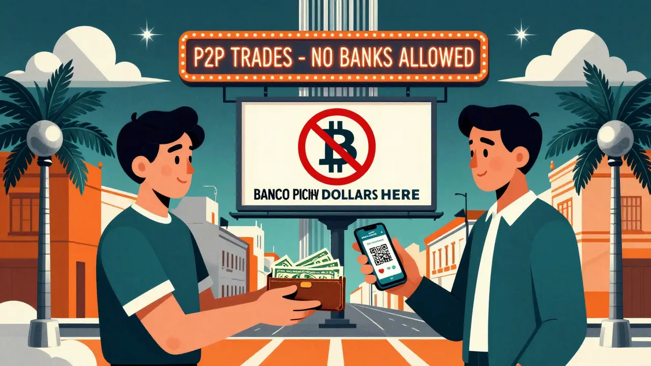 Two people trading Bitcoin for cash in a Quito street scene under a neon sign saying 'No Banks Allowed'.