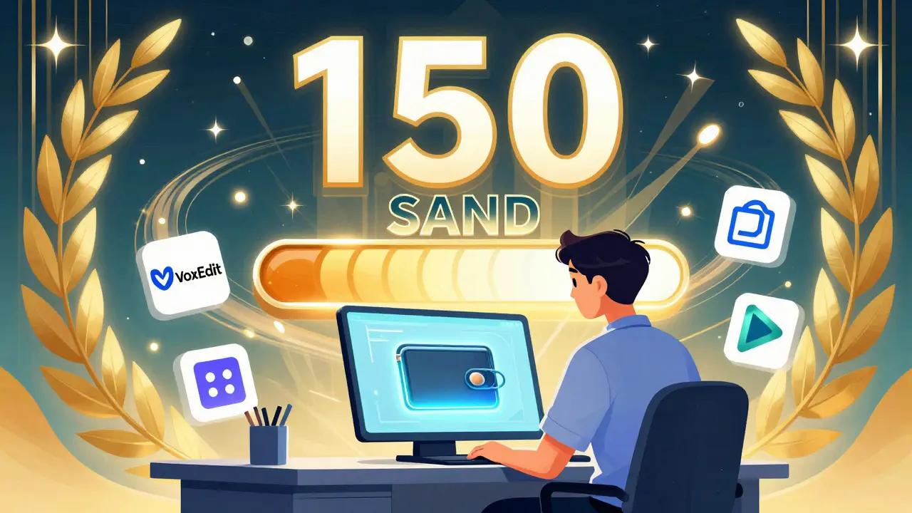 User at desk with wallet on screen, surrounded by Sandbox tools and a rising progress bar to 150 SAND tokens.