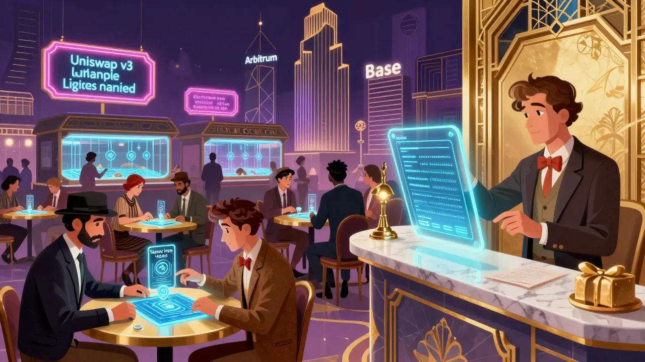 Vintage-style traders using smart contract blueprints in a glowing digital marketplace with price-range liquidity signs.