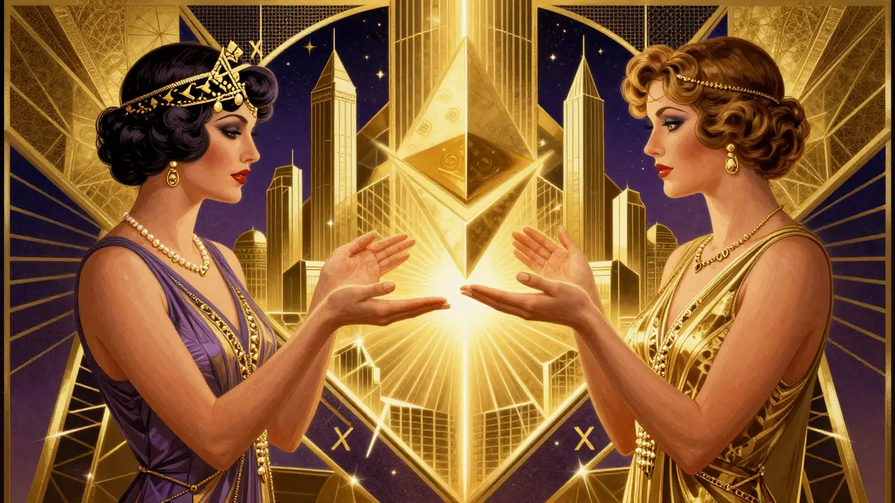 A 1920s-style couple exchanging crypto via glowing X handles, surrounded by elegant blockchain symbols.