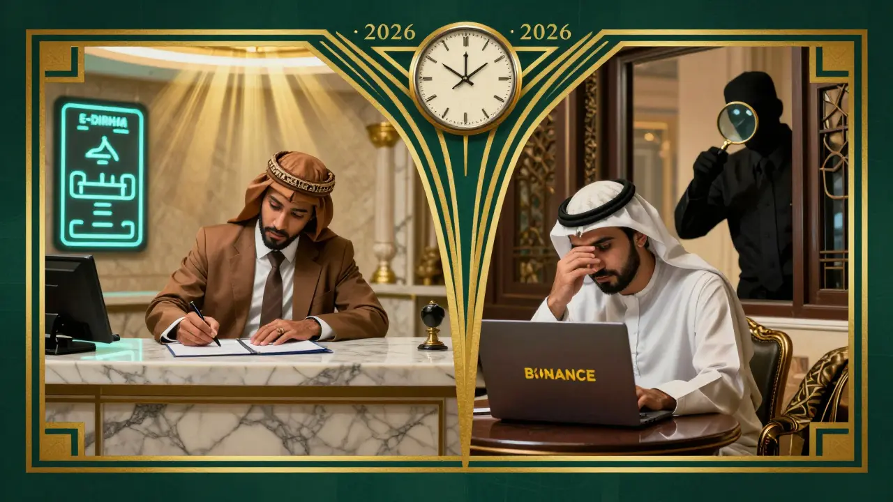 A businessman signs at a bank with e-Dirham on screen, while a shadowy inspector watches him use crypto at home, under a 2026 clock.