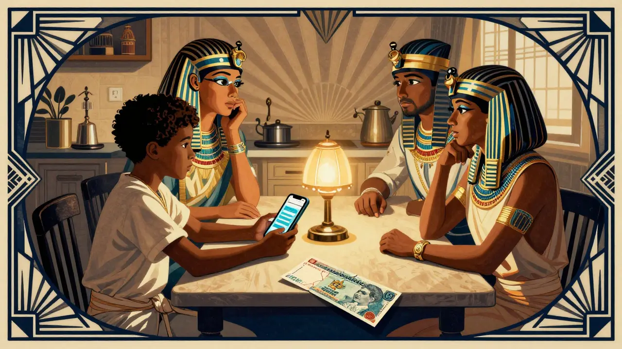A family at a kitchen table silently uses crypto while Egyptian pound notes lie discarded nearby.
