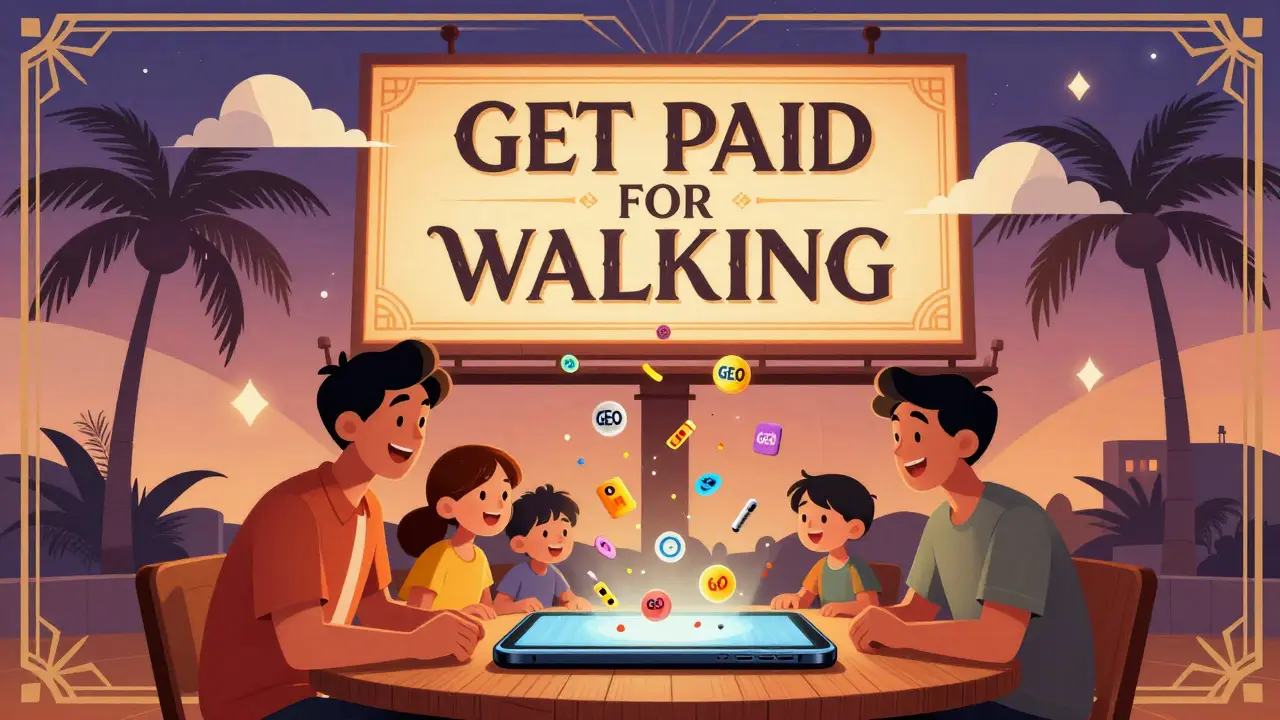 A family smiles as GEO tokens rain from their smartphone screen, framed by Art Deco sunbursts and stylized trees.